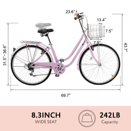 26" Women Beach Cruiser Bike 7 Speeds Commuter Bike