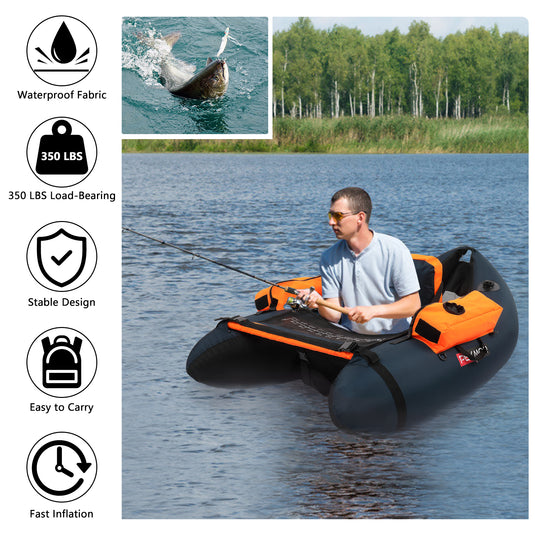 Inflatable Fishing Float Tube w/ Pump, Paddle, Storage Pockets, Fish Ruler  Beige
